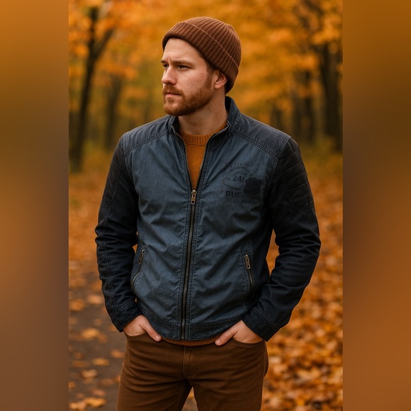 Men’s Jacket by Buffalo Thin Blue jacket with Black Denim Sleeves. L - Picture 9 of 10